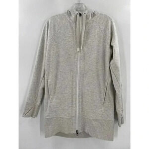Athleta Womens SMALL Triumph Hoodie Ivory Gray Full Zip Fleece Jacket Pockets